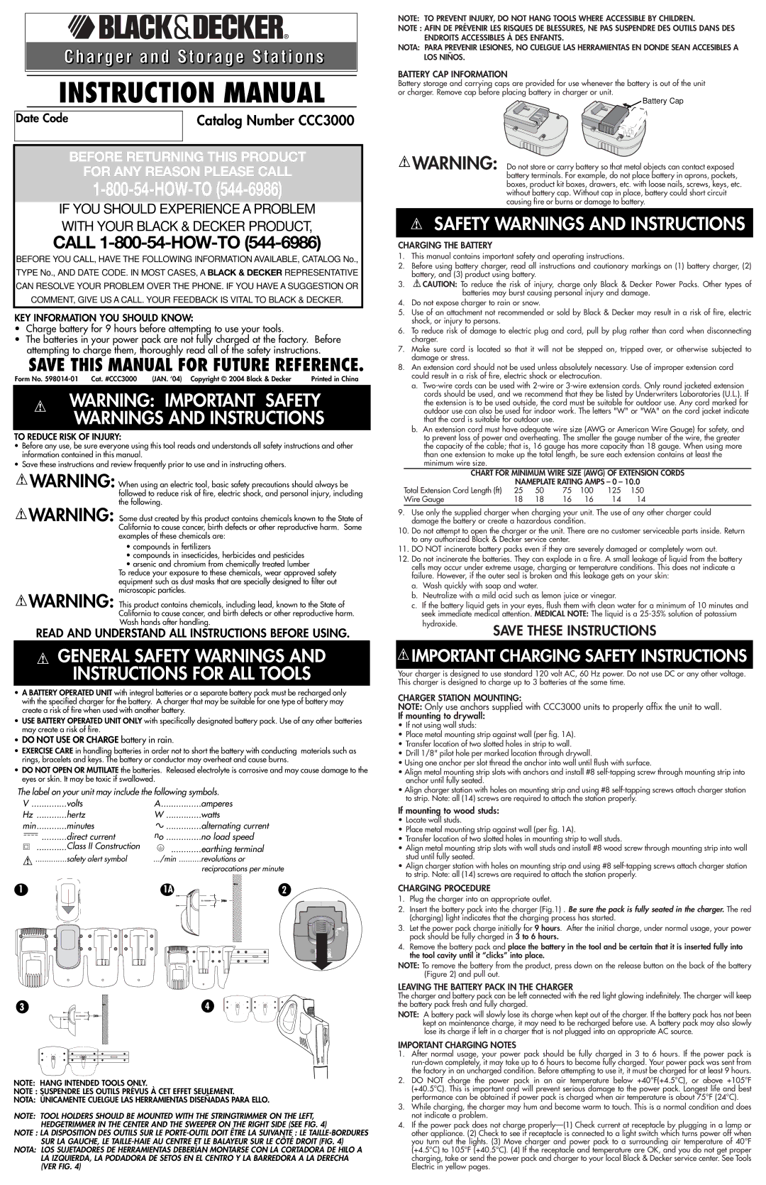 Black & Decker CCC3000 instruction manual Battery CAP Information, Charging the Battery, Charger Station Mounting 