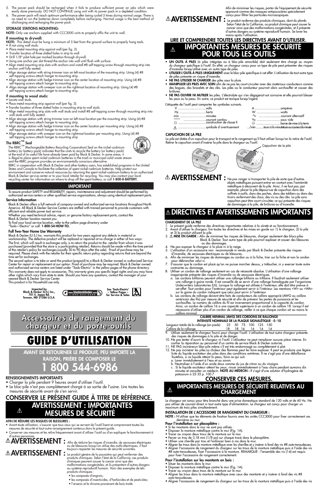 Black & Decker CCC3000 instruction manual Storage Stations Mounting, If mounting to drywall, Rbrc Seal, Capuchon DE LA Pile 