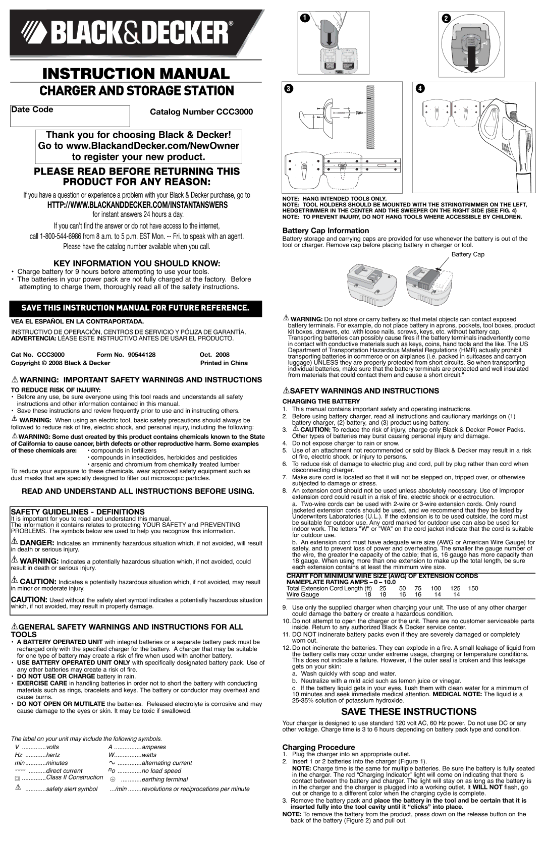 Black & Decker CCC3000 instruction manual General Safety Warnings and Instructions for ALL Tools, Battery Cap Information 