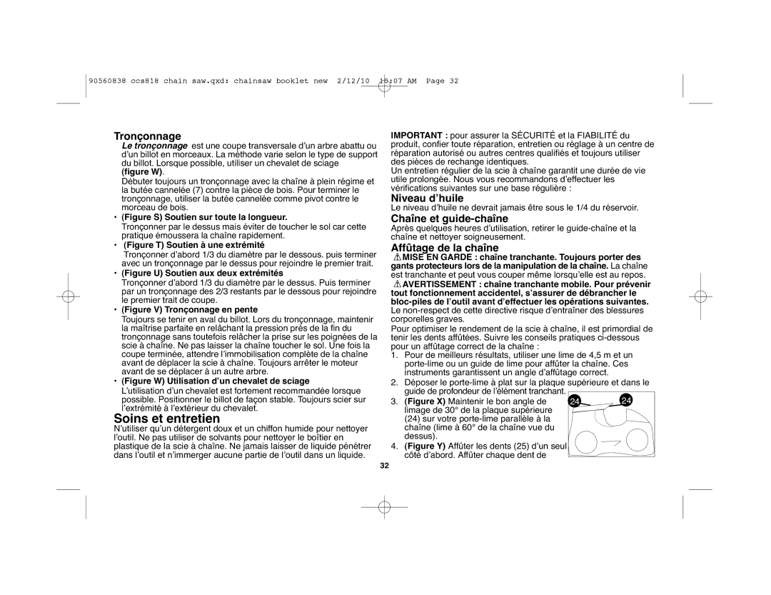 Black & Decker CCS818R instruction manual Soins et entretien, Tronçonnage, Niveau dʼhuile, Chaîne et guide-chaîne 