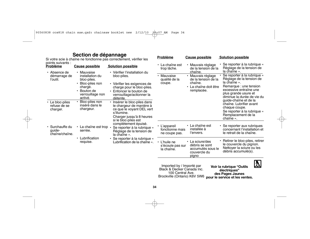 Black & Decker CCS818R instruction manual Section de dépannage, Problème Cause possible Solution possible, Central Ave 