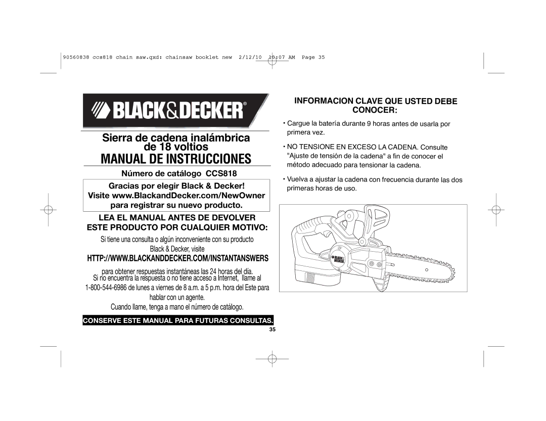 Black & Decker CCS818R instruction manual Manual DE Instrucciones 