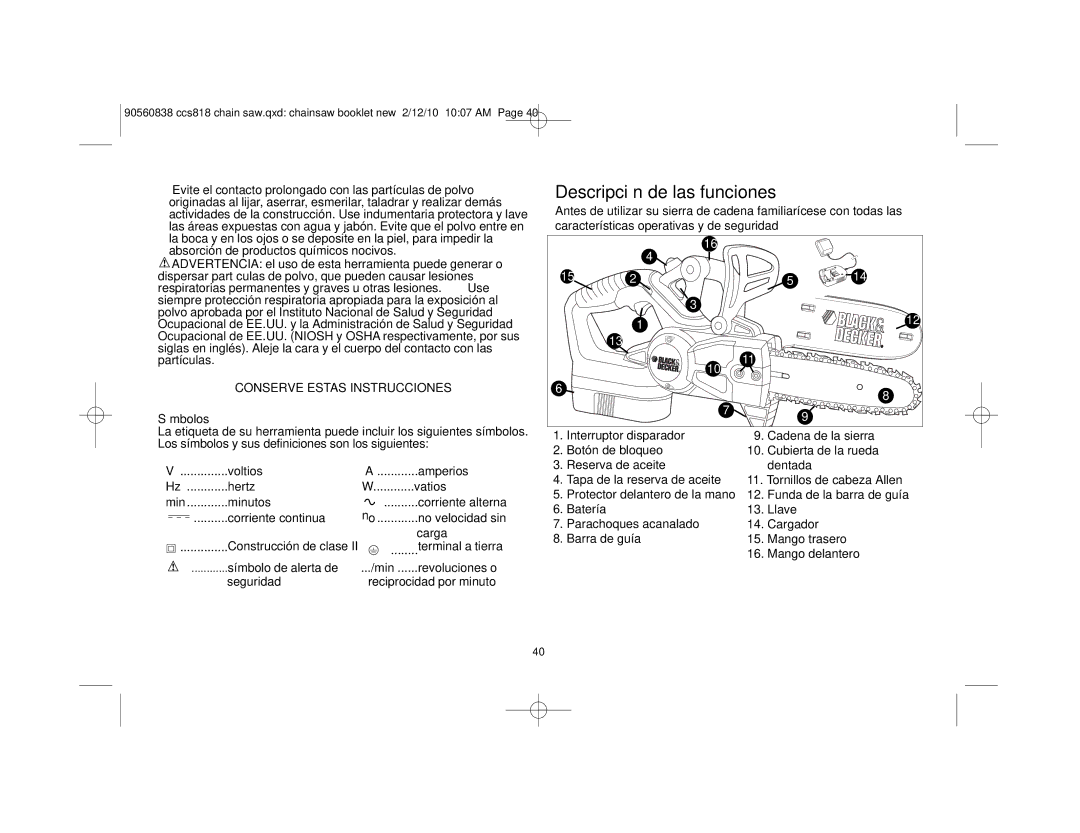 Black & Decker CCS818R instruction manual Descripción de las funciones, Conserve Estas Instrucciones, Símbolos 