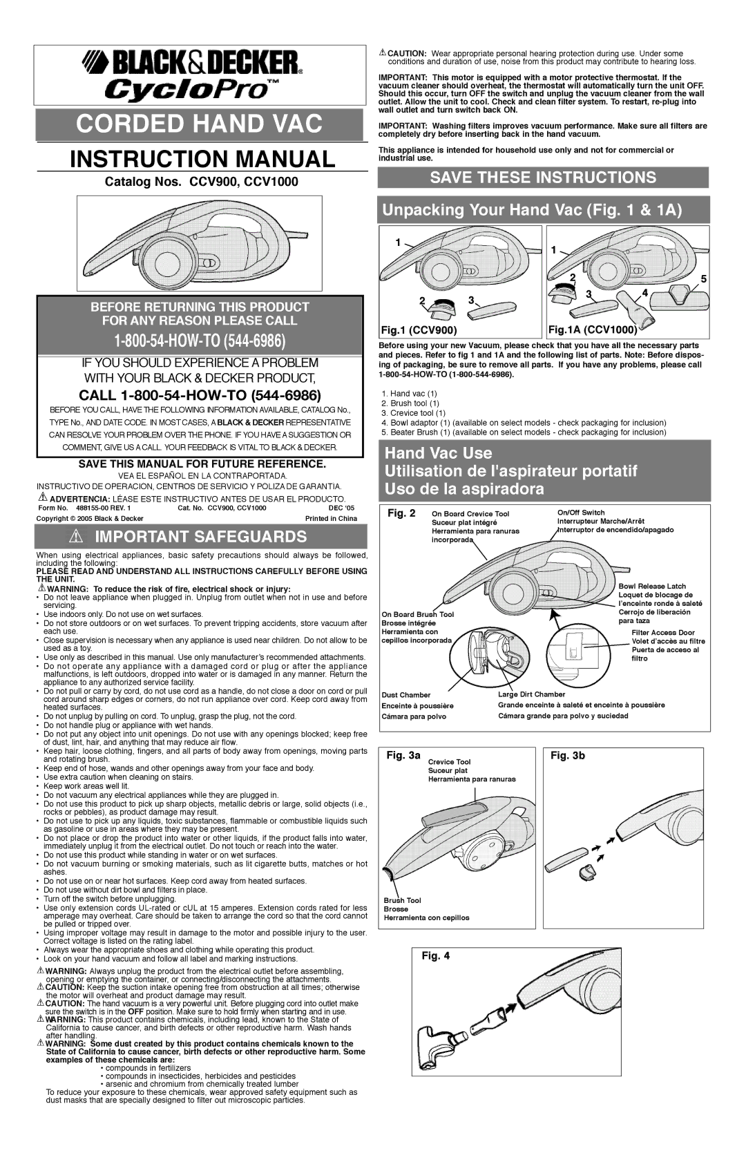 Black & Decker CCV900, CCV1000 instruction manual Corded Hand VAC, Unpacking Your Hand Vac & 1A 