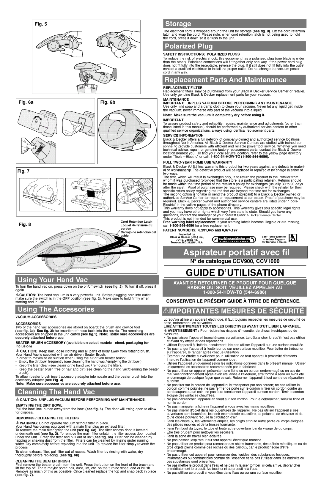 Black & Decker CCV1000, CCV900 Storage, Using Your Hand Vac, Polarized Plug, Replacement Parts And Maintenance 