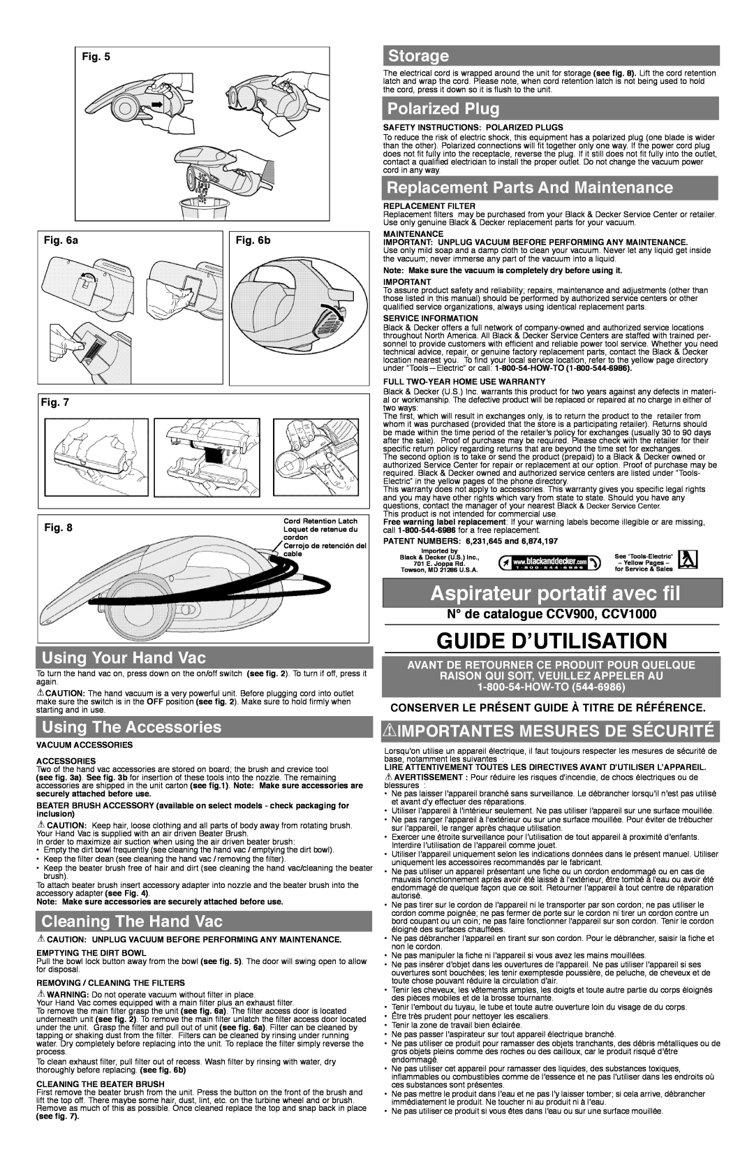 Black & Decker CCV1000 Guide D’Utilisation, Aspirateur portatif avec fil, Storage, Using Your Hand Vac, Polarized Plug, b 