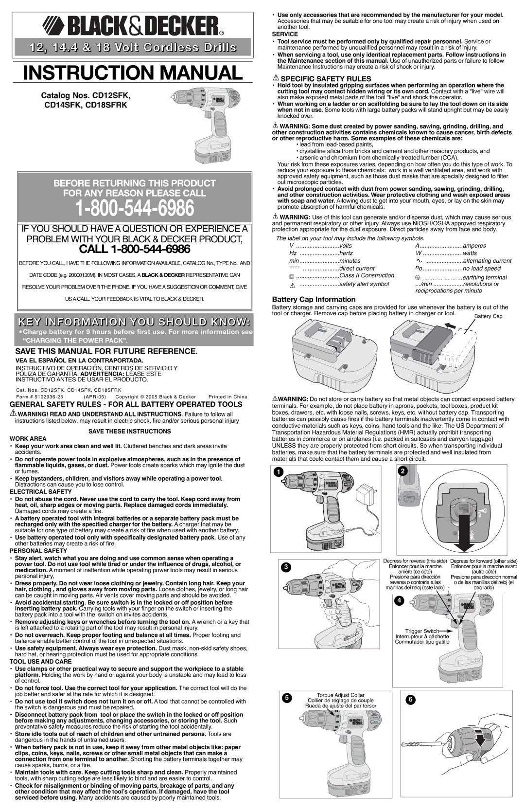 Black & Decker CD12SFK instruction manual KEY Information YOU should Know, Specific Safety Rules, Battery Cap Information 