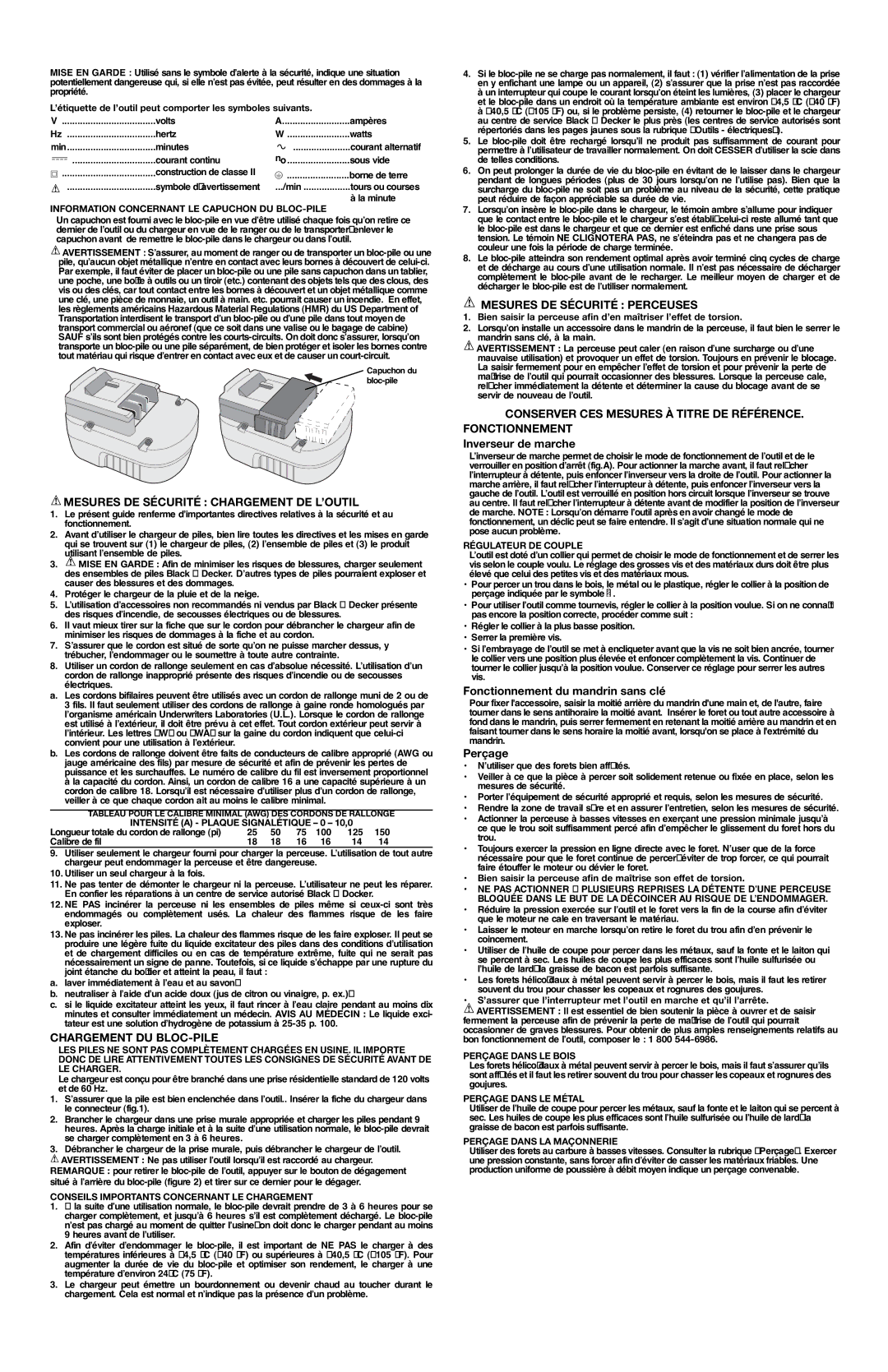 Black & Decker CD1800S Mesures DE Sécurité Chargement DE L’OUTIL, Chargement DU BLOC-PILE, Mesures DE Sécurité Perceuses 