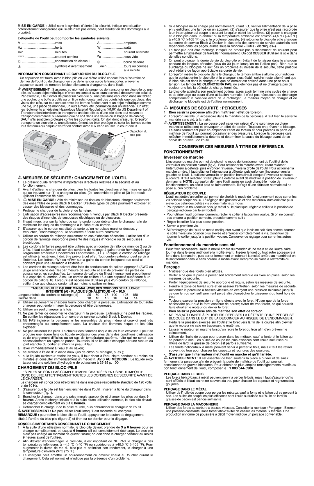 Black & Decker CD1800S Mesures De Sécurité Chargement De L’Outil, Chargement Du Bloc-Pile, Mesures De Sécurité Perceuses 