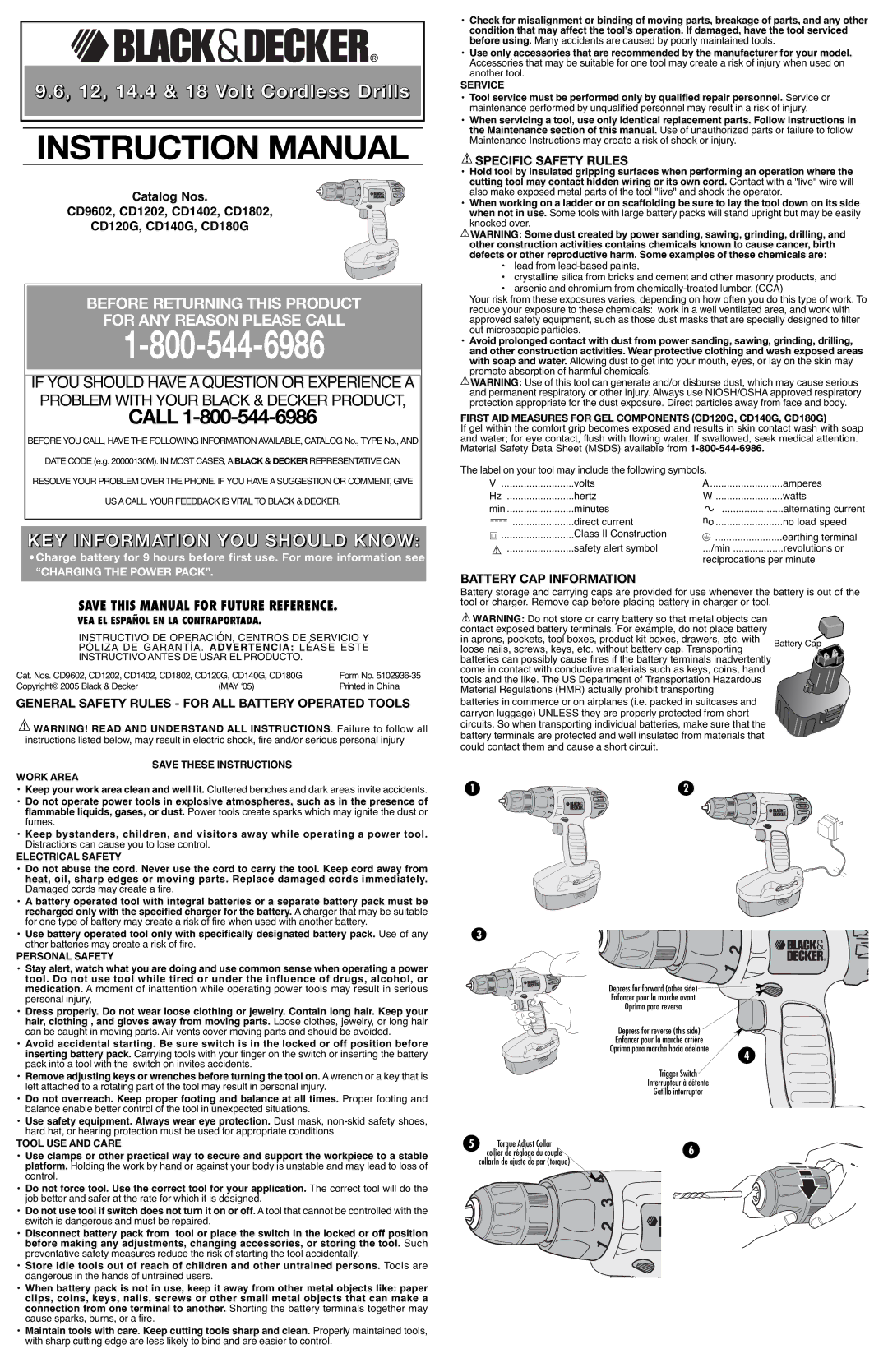 Black & Decker CD180G instruction manual KEY Information YOU should Know, Specific Safety Rules, Battery CAP Information 