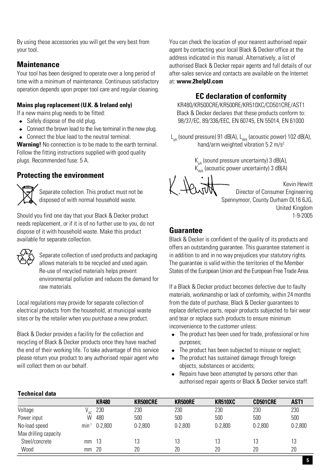 Black & Decker AST1, CD501CRE, KR510XC Maintenance, Protecting the environment, EC declaration of conformity, Guarantee 