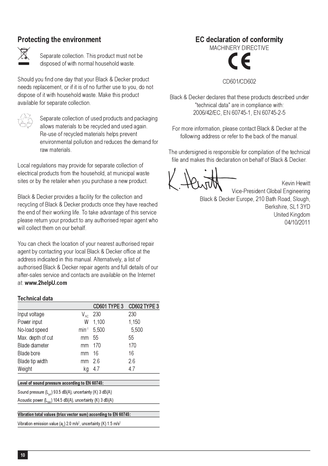 Black & Decker CD602, CD601 manual Protecting the environment, EC declaration of conformity, Technical data 