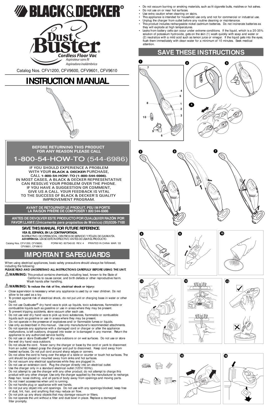 Black & Decker CFV9601, CFV1200, CFV9600, 607540-00, CFV9610 instruction manual Important Safeguards 