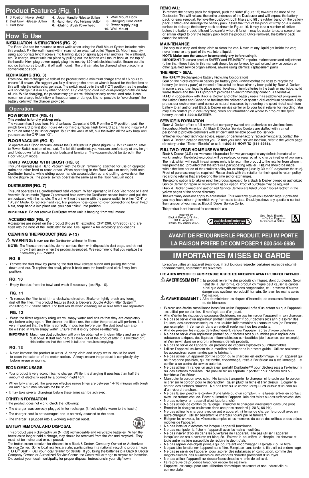 Black & Decker CFV9600 Installation Instructions FIG, Recharging FIG, Power Switch FIG, Floor Vacuum FIG, Dustbuster FIG 