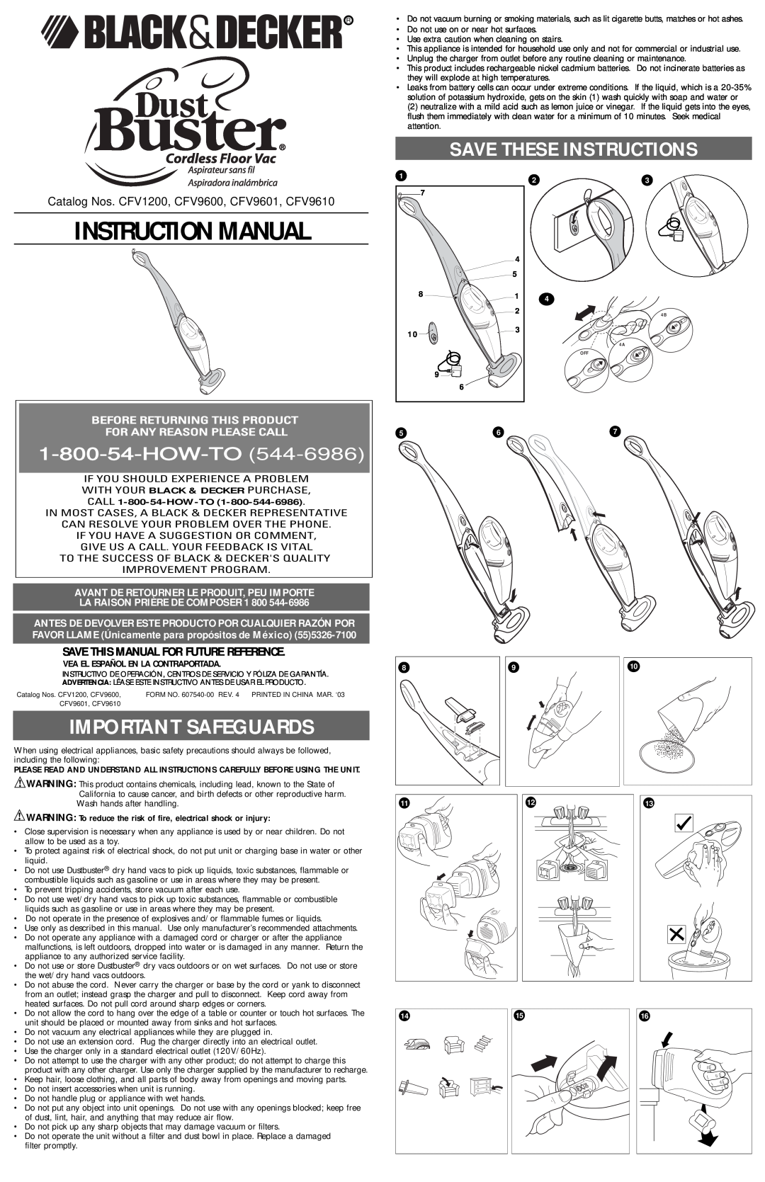 Black & Decker CFV9601 instruction manual Save These Instructions, Instruction Manual, Important Safeguards, How-To 
