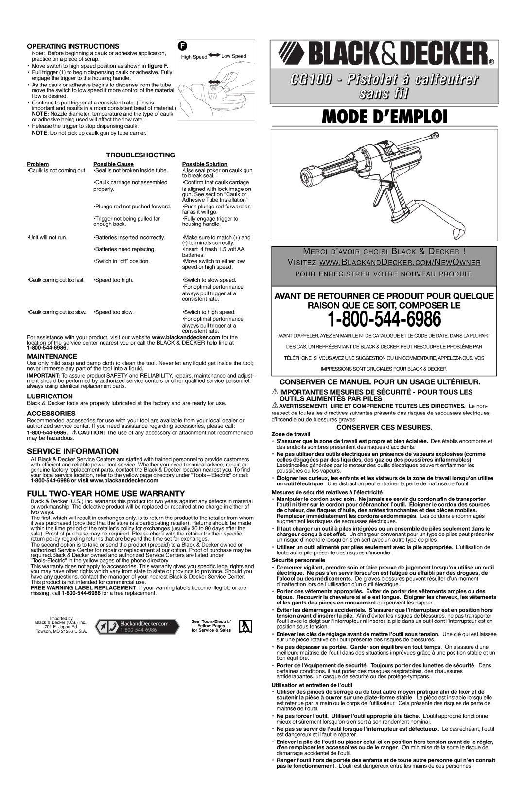 Black & Decker CG100 Operating Instructions, Troubleshooting, Maintenance, Lubrication, Accessories, Conserver CES Mesures 