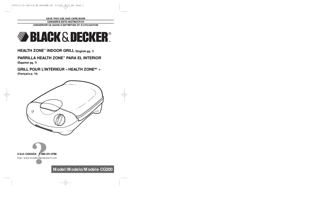 Black & Decker CG200 manual Parrilla Health Zone Para EL Interior, Grill Pour L’INTÉRIEUR « Health Zonemc » 