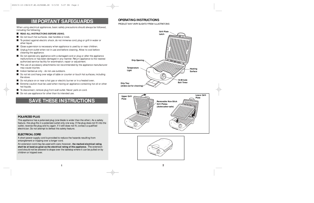 Black & Decker CG200 manual Important Safeguards, Operating Instructions, Polarized Plug, Electrical Cord 