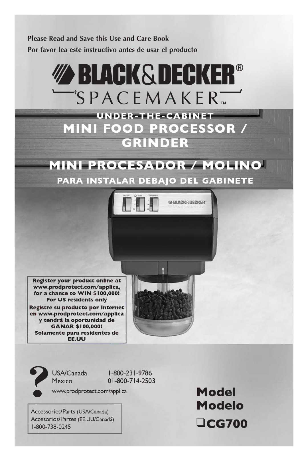 Black & Decker manual Mini Food Processor Grinder Mini Procesador / Molino, Model Modelo CG700  