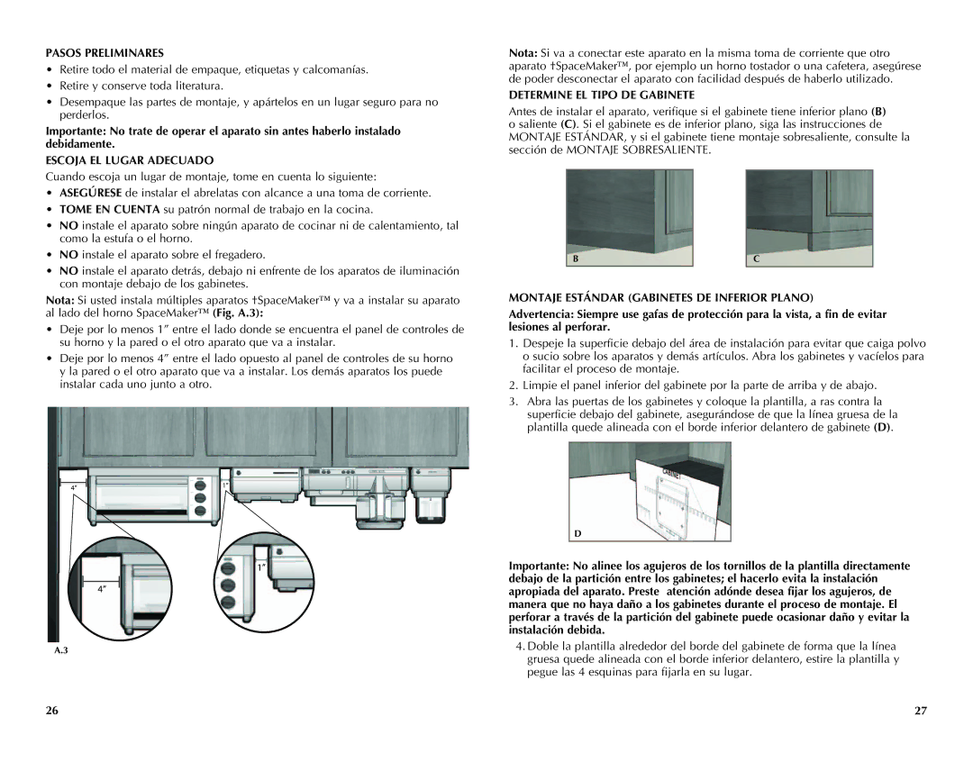 Black & Decker CG700 manual Pasos Preliminares, Escoja EL Lugar Adecuado, Determine EL Tipo DE Gabinete 