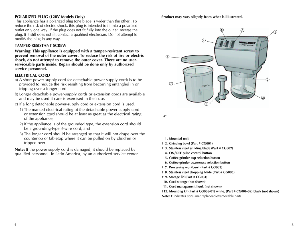 Black & Decker CG700 manual Polarized Plug 120V Models Only, Product may vary slightly from what is illustrated 