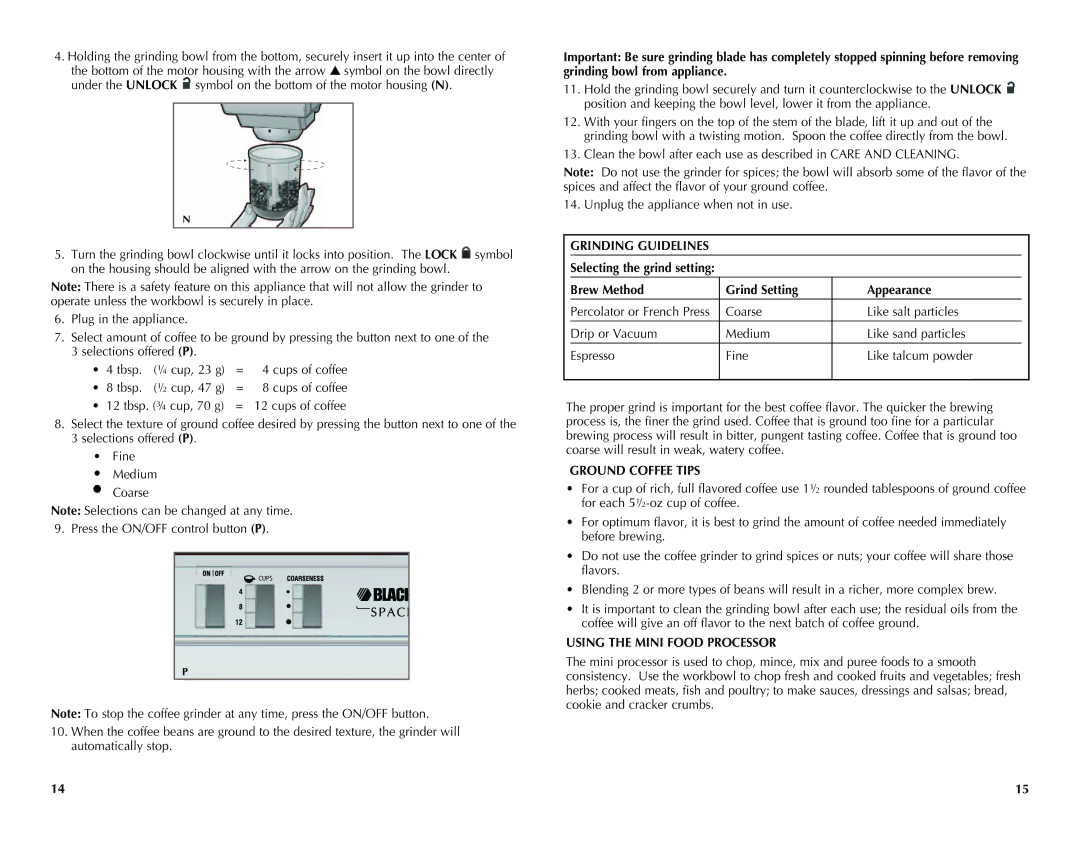 Black & Decker CG700 manual Grinding Guidelines, Ground Coffee Tips, Using the Mini Food Processor 