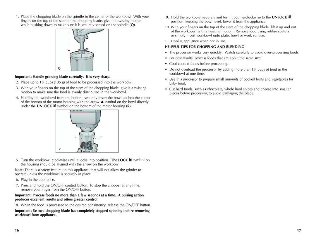 Black & Decker CG700 manual Helpful Tips for Chopping and Blending 