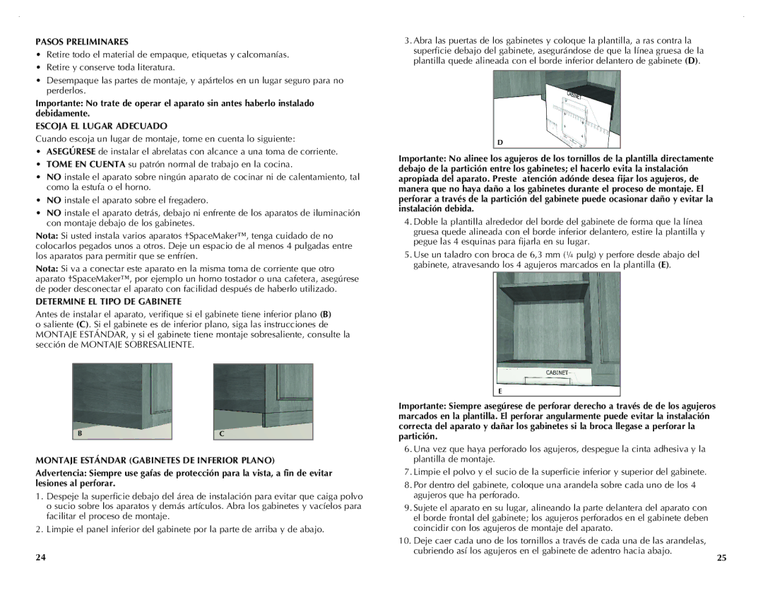 Black & Decker CG800WM, CG800B manual Pasos Preliminares, Escoja EL Lugar Adecuado, Determine EL Tipo DE Gabinete 