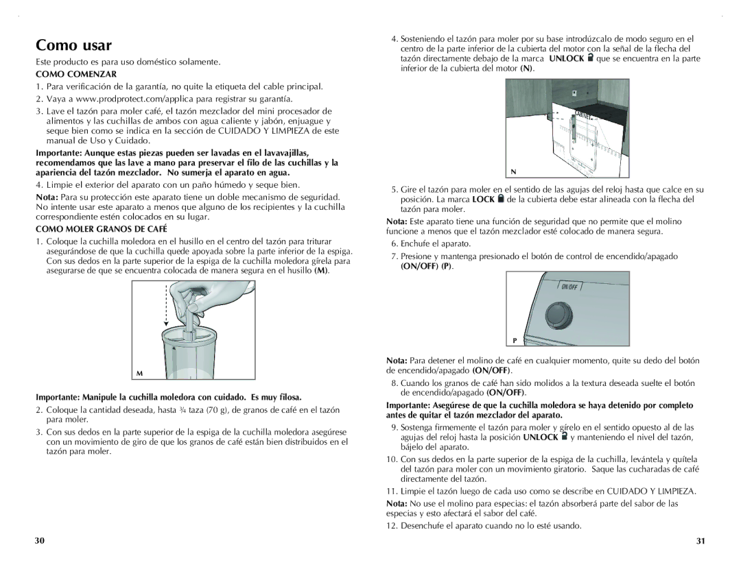 Black & Decker CG800WM, CG800B manual Como usar, Como Comenzar, Como Moler Granos DE Café 