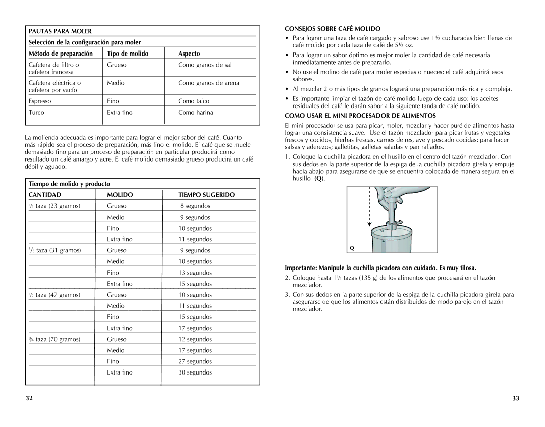 Black & Decker CG800B, CG800WM manual Pautas Para Moler, Cantidad Molido Tiempo Sugerido, Consejos Sobre Café Molido 