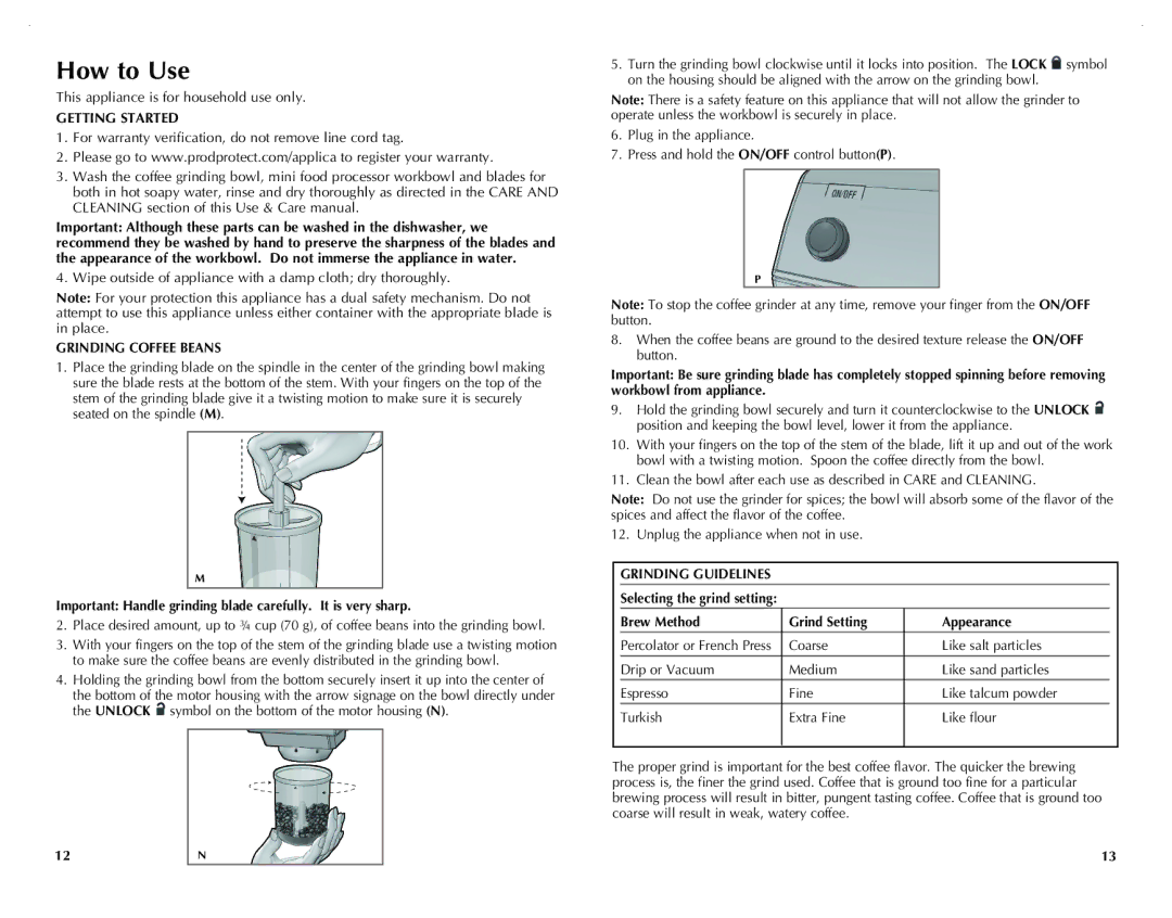 Black & Decker CG800WM, CG800B manual How to Use, Grinding Coffee Beans, Grinding Guidelines 