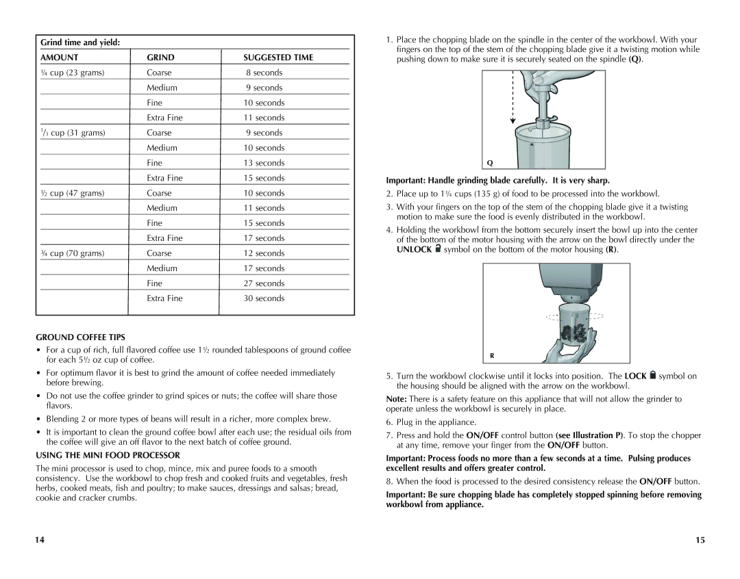 Black & Decker CG800B, CG800WM manual Amount Grind Suggested Time, Ground Coffee Tips, Using the Mini Food Processor 