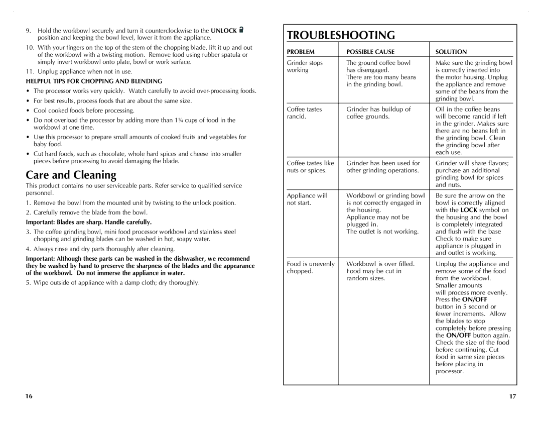 Black & Decker CG800B, CG800WM Care and Cleaning, Helpful Tips for Chopping and Blending, Problem Possible Cause Solution 