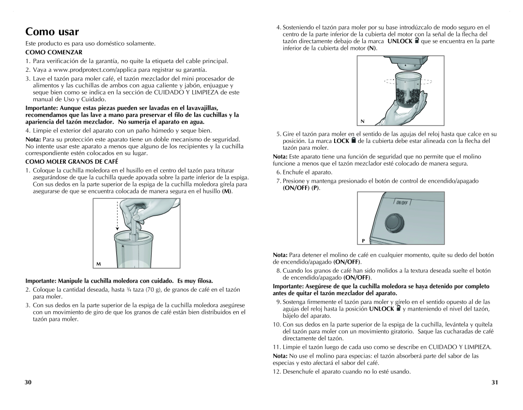 Black & Decker CG800WM, CG800B manual Como usar, Como Comenzar, Como Moler Granos De Café 