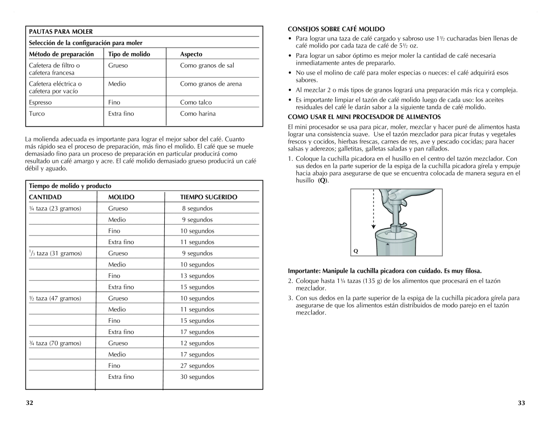 Black & Decker CG800 PAUTAS PARA MOLER Selección de la configuración para moler, Método de preparación, Tipo de molido 