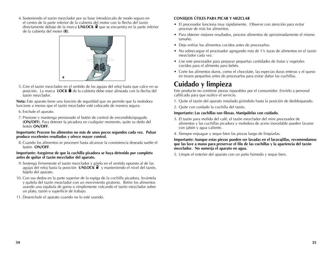 Black & Decker CG800B, CG800WM manual Cuidado y limpieza, Consejos Útiles Para Picar Y Mezclar 