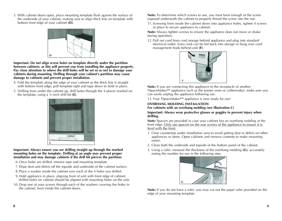 Black & Decker CG800B, CG800WM Overhang Molding Installation, For cabinets with an overhang molding see Illustration C 