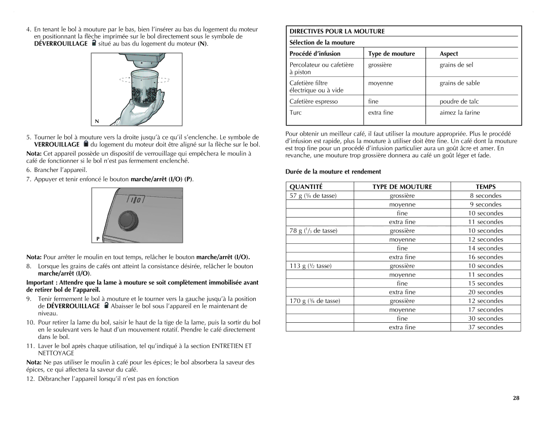 Black & Decker CG800C manual Directives Pour LA Mouture, Durée de la mouture et rendement Quantité Type de mouture, Temps 