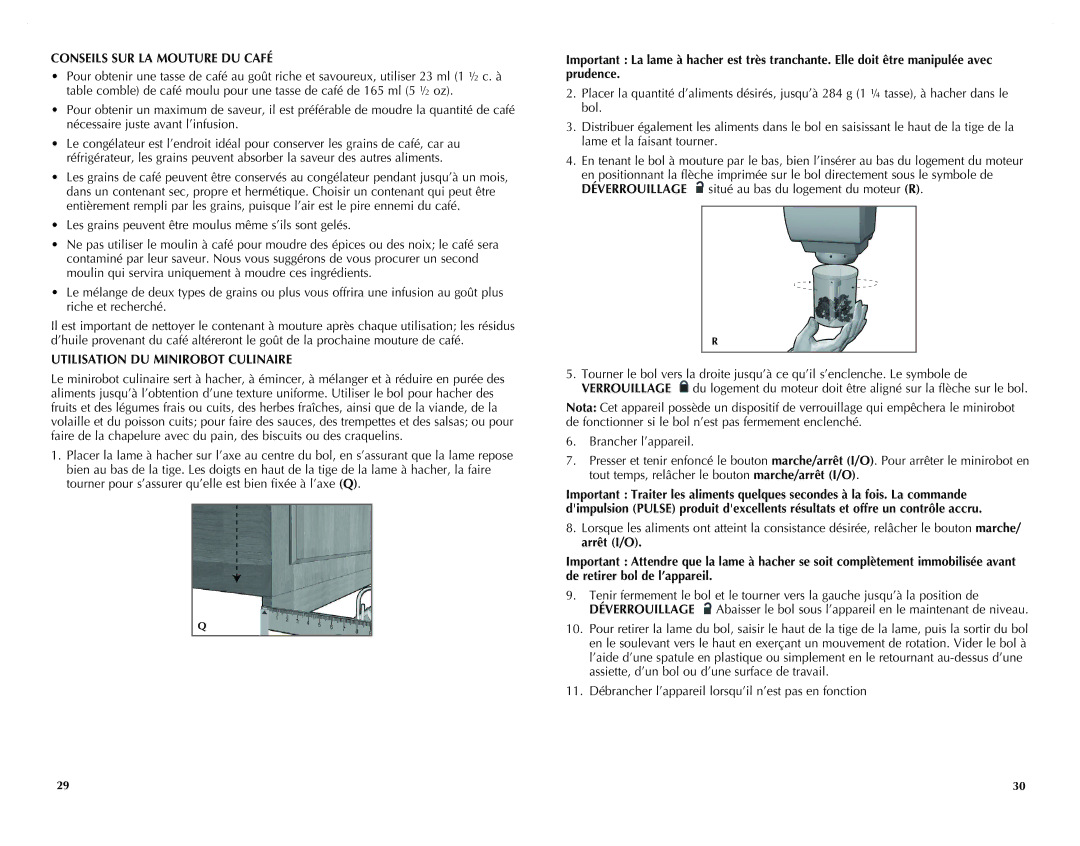 Black & Decker CG800C manual Conseils SUR LA Mouture DU Café, Utilisation DU Minirobot Culinaire 