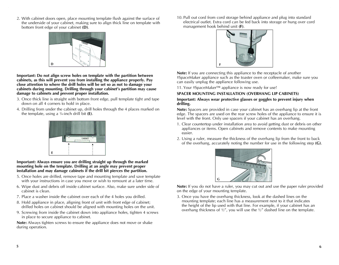 Black & Decker CG800C manual Spacer Mounting Installation Overhang LIP Cabinets 