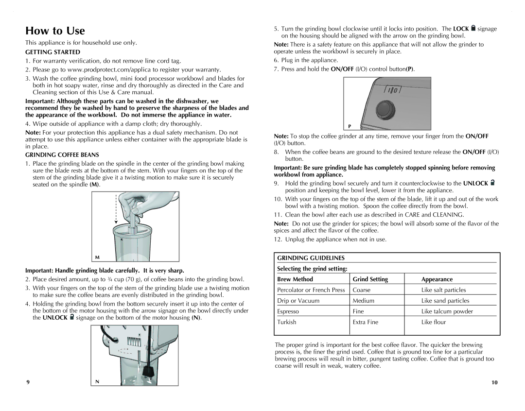 Black & Decker CG800C manual How to Use, Grinding Coffee Beans, Important Handle grinding blade carefully. It is very sharp 