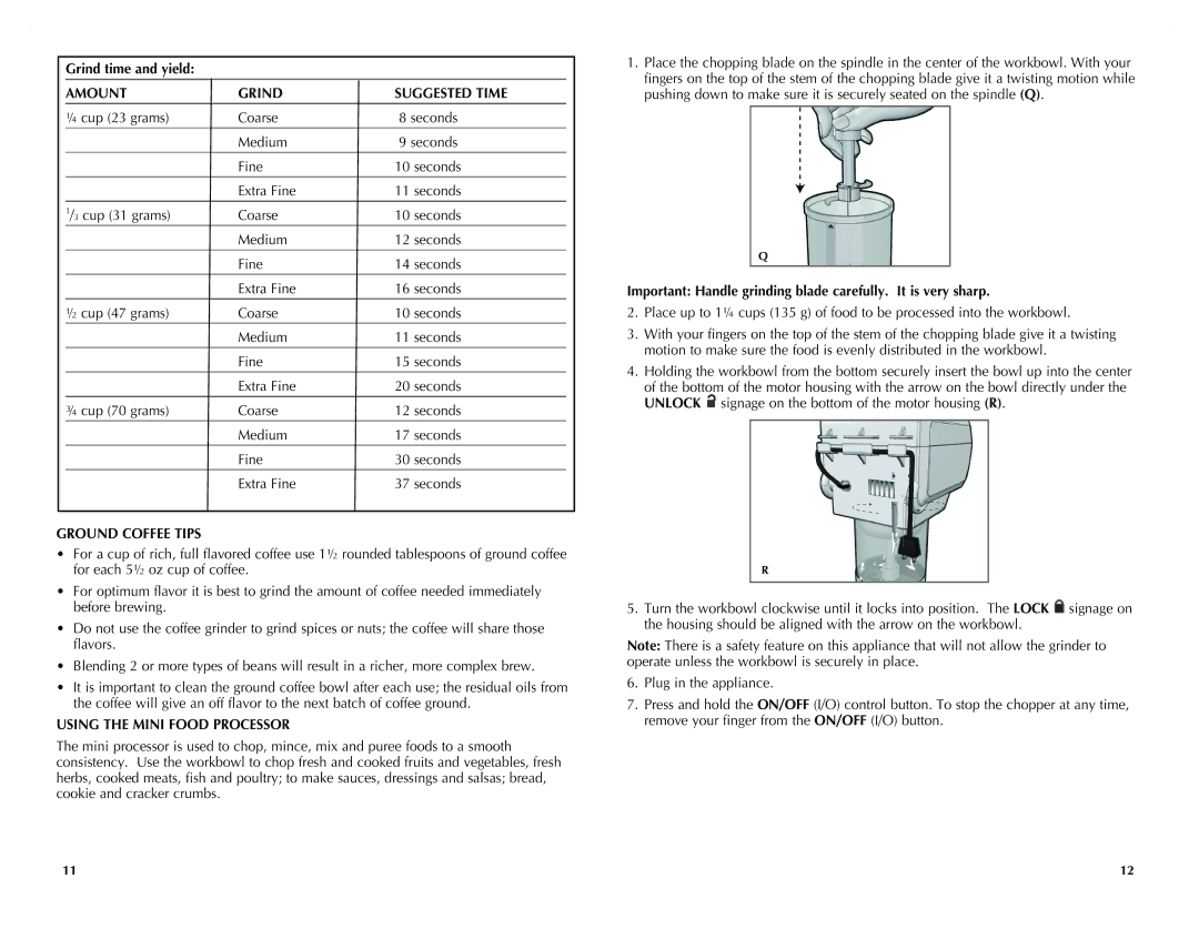 Black & Decker CG800C Grind time and yield, Amount Grind Suggested Time, Ground Coffee Tips, Using the Mini Food Processor 