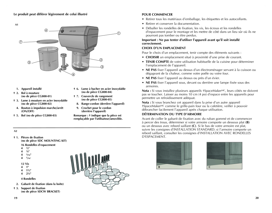 Black & Decker CG800C manual Pour Commencer, Choix D’Un Emplacement, Détermination Du Type D’Armoire 