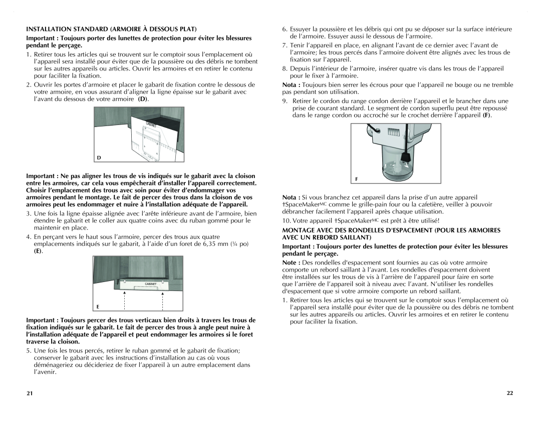 Black & Decker CG800C manual Installation Standard Armoire À Dessous Plat 