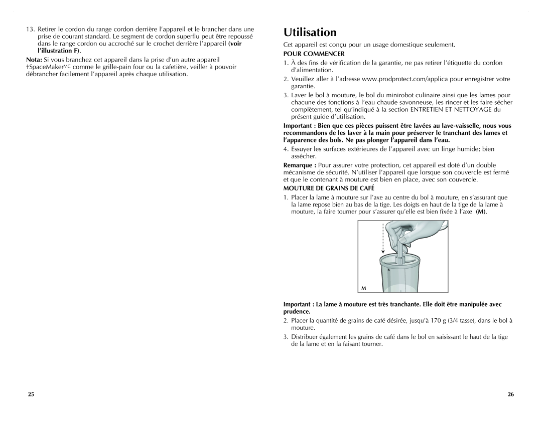Black & Decker CG800C manual Utilisation, Pour Commencer, Mouture De Grains De Café 