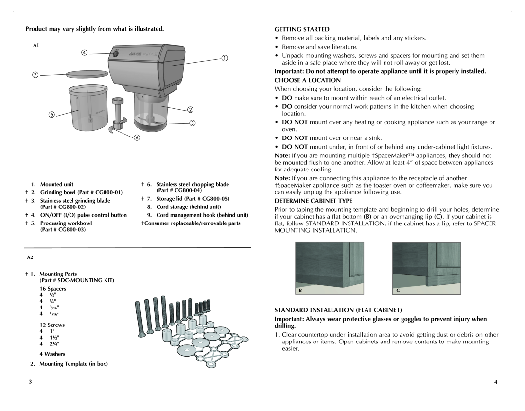 Black & Decker CG800C manual Getting Started, Choose A Location, Determine Cabinet Type, Standard Installation Flat Cabinet 