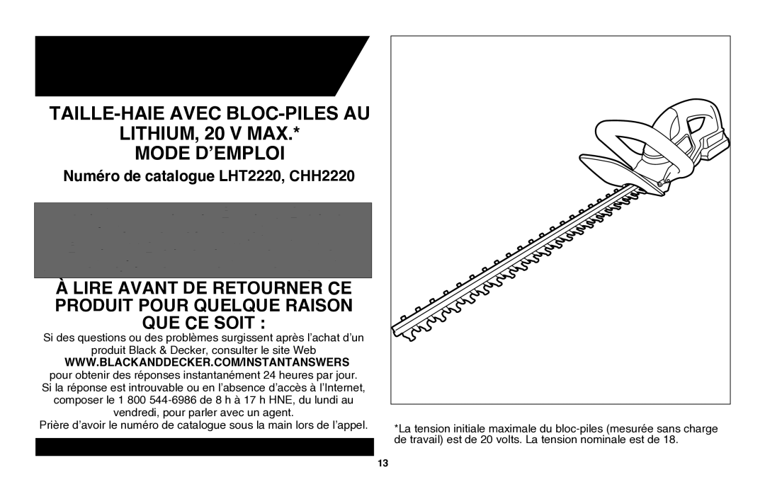 Black & Decker instruction manual Numéro de catalogue LHT2220, CHH2220 