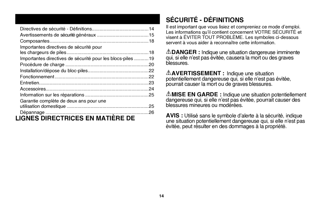 Black & Decker CHH2220, LHT2220 instruction manual Lignes directrices en matière de Sécurité définitions, Table DES Matières 