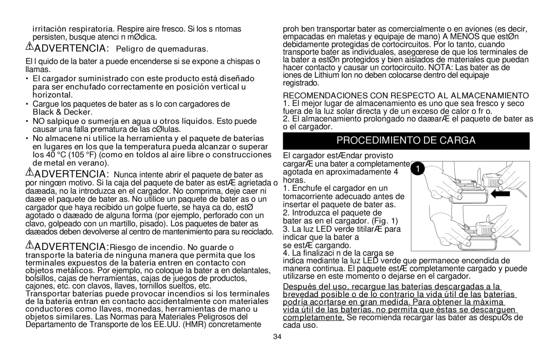 Black & Decker CHH2220, LHT2220 instruction manual Procedimiento de carga, Advertencia Peligro de quemaduras 