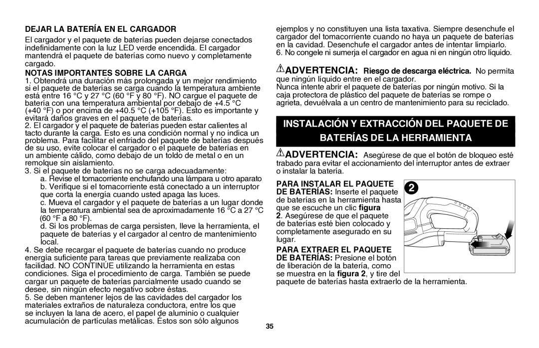 Black & Decker LHT2220 Dejar la batería en el cargador, Notas importantes sobre la carga, Para instalar el paquete 